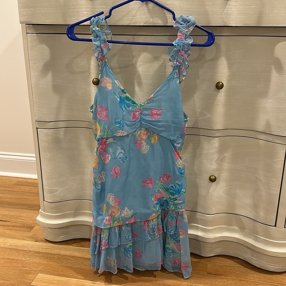 Loveshack Fancy blue floral silk mini dress size 2
